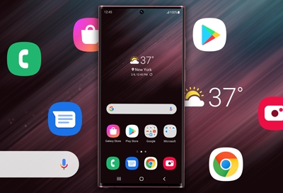 Phone icons and widgets on the background with a Samsung Galaxy s22 ultra Phone icons and widgets on the background with a Samsung Galaxy s22 ultra
