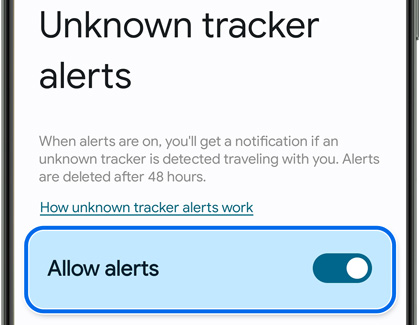 Unknown tracker alerts button turned on on a galaxy S23 screen