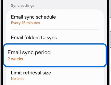 A Galaxy S25 showing the Sync settings menu with the Email sync period option highlighted by a blue rounded box.