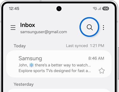 A Galaxy S25 showing an email inbox with the magnifying glass search icon circled in blue.