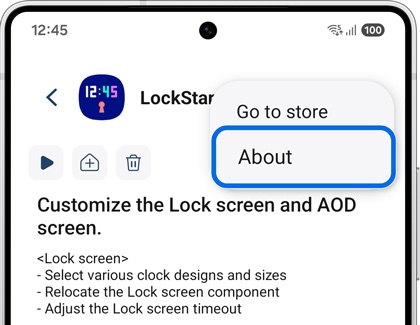 Galaxy S25 Ultra showing the LockStar app screen with the About option highlighted in the menu.