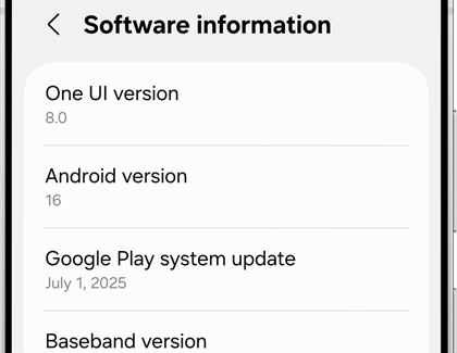 Galaxy S25 Ultra showing the Software information screen with One UI 8.0, Android 16, and Google Play system update details.