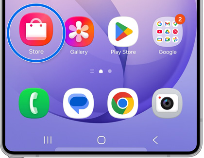 A Galaxy S25 Ultra home screen with the Galaxy Store app icon highlighted in a blue circle.