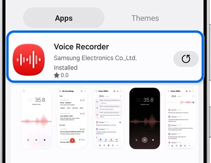 A Galaxy S25 Ultra showing the Voice Recorder app search result in the Galaxy Store highlighted in blue.