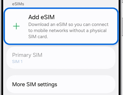Galaxy phone showing the option to add an eSIM under SIM settings.