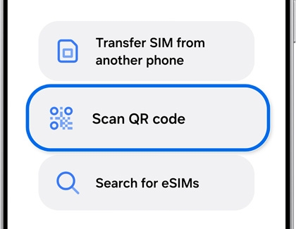 Galaxy phone displaying eSIM setup options, highlighting Scan QR code.