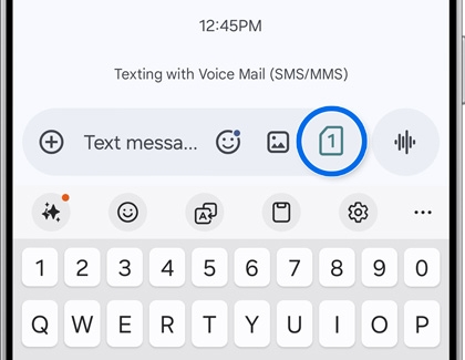 Galaxy phone keyboard showing the SIM selector button in a text message.