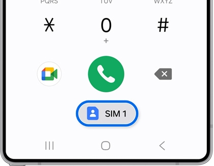 Galaxy phone dialer showing the SIM selection option labeled SIM 1.