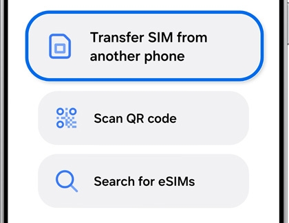 Galaxy phone displaying eSIM setup options, highlighting Transfer SIM from another phone.