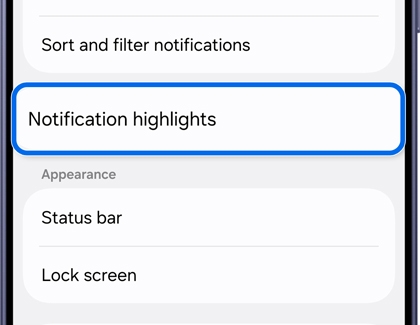 A Galaxy S26 Ultra screen showing a settings menu with the Notification highlights option highlighted in blue.