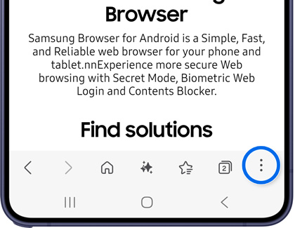 A Galaxy phone showing the Samsung Browser with the More options button highlighted in blue in the bottom toolbar.