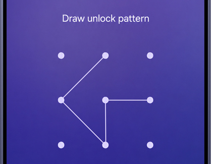 A Galaxy S26 Ultra screen showing a purple lock screen with a pattern of white lines connecting dots under the text Draw unlock pattern.