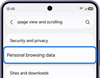 A Galaxy phone showing the Samsung Browser settings with Personal browsing data option highlighted in blue.