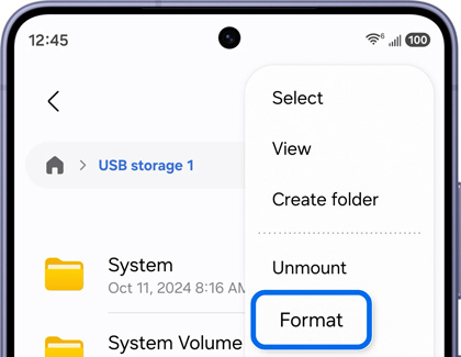 A Galaxy S26 Ultra showing the USB storage menu with the Format option highlighted in blue.