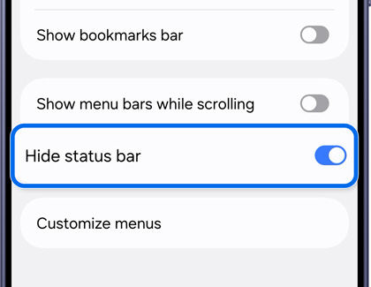 A Galaxy phone showing the Samsung Browser settings with the Hide status bar toggle highlighted in blue and turned on.