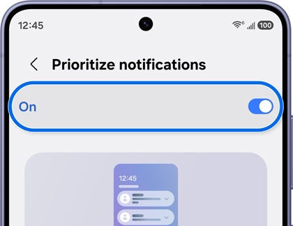 A Galaxy S26 Ultra screen showing the Prioritize notifications menu with the On toggle switch highlighted in blue.