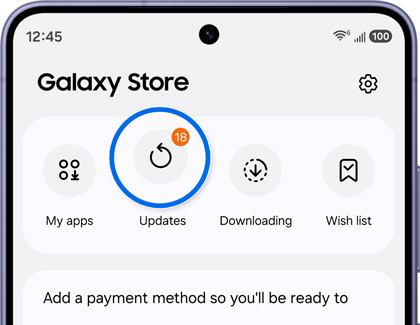 A Galaxy phone showing the Galaxy Store home screen with the Updates button highlighted in blue showing 18 pending updates.