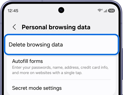 A Galaxy phone showing the Personal browsing data screen with Delete browsing data option highlighted in blue.