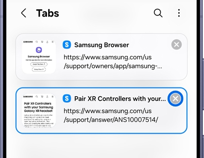 A Galaxy phone showing the Samsung Browser Tabs screen with a Pair XR Controllers tab highlighted in blue with a close button.