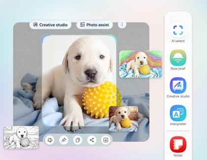 A Galaxy S26 Ultra screen showing a photo of a puppy with AI select crop markers and several artistic AI generated variations of the same image.