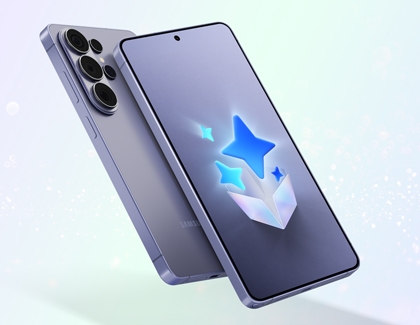 Two purple Galaxy S26 Ultra floating with a glowing blue star icon emerging from the screen of the front device.