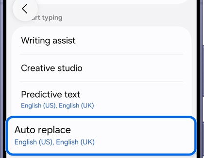 Samsung Keyboard settings menu with the Auto replace option highlighted.