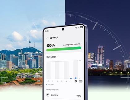 A purple Galaxy S26 Ultra showing the battery settings menu with a city skyline in the background.