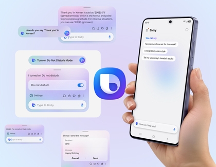 A hand holding a Galaxy S26 Ultra surrounded by floating chat bubbles showing the Bixby assistant translating text and changing device settings.