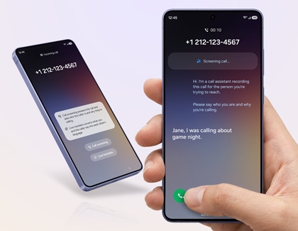 Two Galaxy S26 Ultra phones showing the call screening interface with live text transcription of an incoming call.