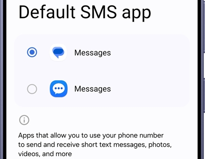 A Galaxy S26 Ultra showing the Default SMS app settings screen with two different Messages app options.