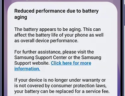 A notification pop-up indicating reduced battery performance due to battery aging.