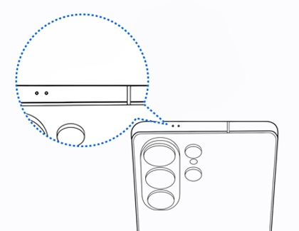 Diagram showing the air vent hole locations from the top and back view of a Galaxy S26 Ultra.