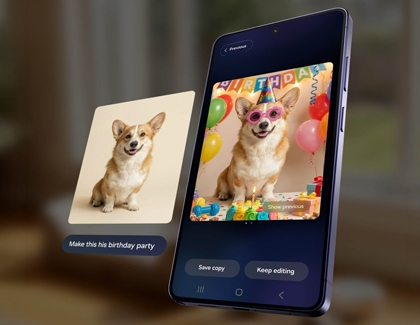 A purple Galaxy S26 Ultra showing an AI edited photo of a dog at a birthday party next to the original unedited image of the same dog.