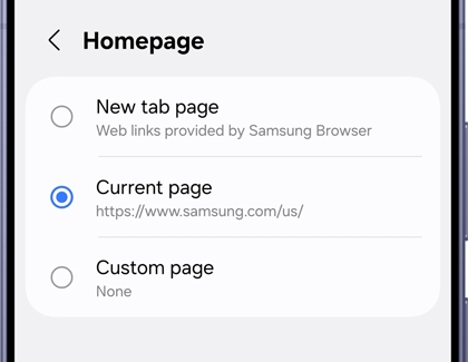 A Galaxy S26 Ultra screen showing the browser Homepage settings menu with the Current page option selected.
