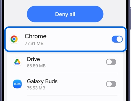 A Galaxy S26 Ultra screen showing a list of apps with a blue toggle switch turned on for Chrome within a blue highlight box.