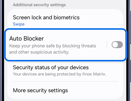 A Galaxy S26 Ultra screen showing the Auto Blocker setting highlighted in blue with the toggle switch turned off.