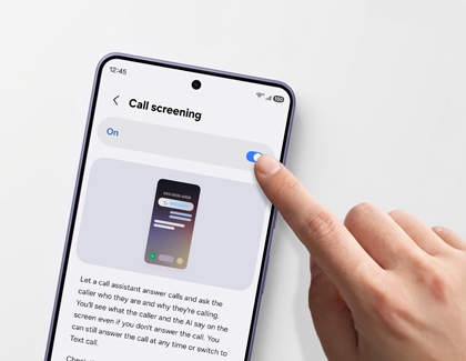 A finger toggles the Call screening switch to on, on a purple Galaxy S26 Ultra screen.