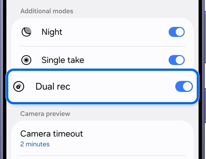 A Galaxy phone camera settings screen with the Dual rec option highlighted in a blue box.