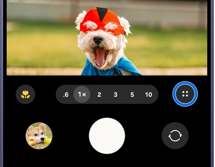 A Galaxy S26 Ultra screen showing the camera viewfinder with a four dot menu icon circled in blue.