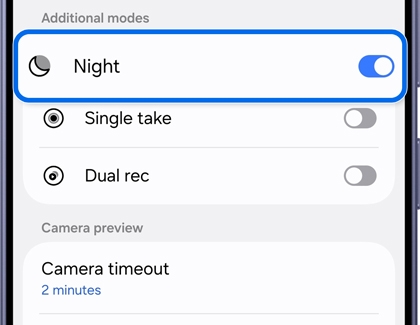 A Galaxy S26 Ultra screen showing the camera settings menu with the Night option enabled and highlighted in blue.