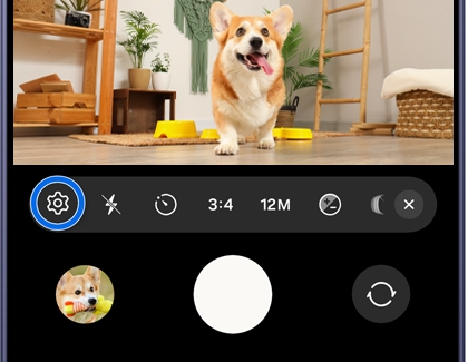 A Galaxy phone camera screen showing a corgi dog indoors with the settings gear icon highlighted in a blue circle.