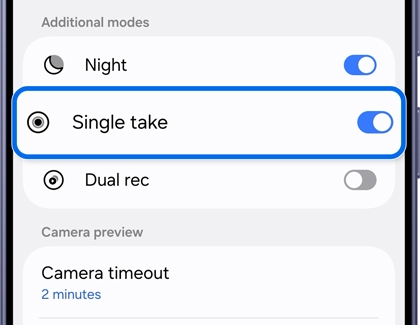 A Galaxy phone camera settings screen with the Single take option highlighted in a blue box.