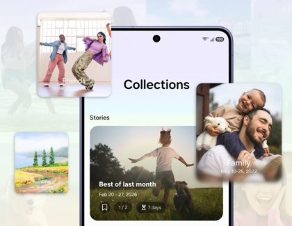 A Galaxy S26 Ultra screen showing the Collections and Stories sections of the Gallery app with floating photos of friends family and landscapes.