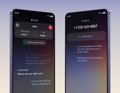 Two Galaxy S26 Ultra showing live translation and call assistant screening interfaces.