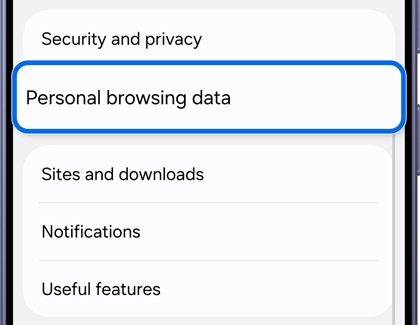 Samsung Internet settings with the Personal browsing data option highlighted in a blue box.