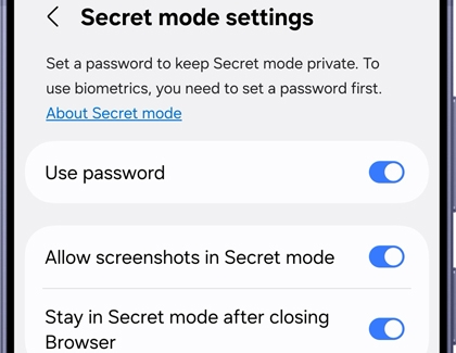The Secret mode settings screen showing toggles for Use password and Allow screenshots turned on.