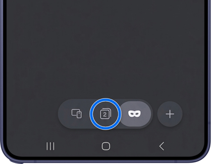 The browser's tab manager with the All tab icon highlighted in a blue circle to switch out of Secret mode.