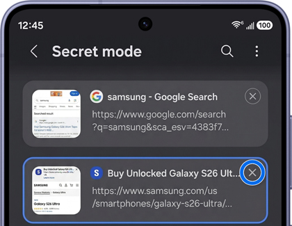 The Secret mode tab list with an X icon highlighted in a blue circle to close a private tab.