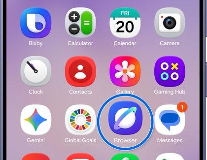 A Galaxy S26 Ultra home screen with the Samsung Internet Browser icon highlighted in a blue circle.