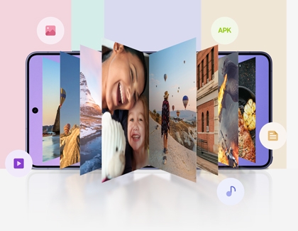 A purple Galaxy S26 Ultra with various photos, videos, and files fan out across the screen.